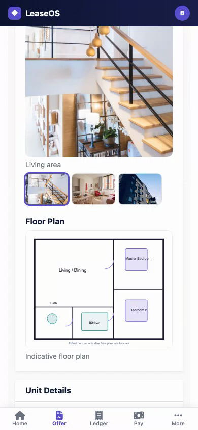 LeaseOS buyer Selected-Offer view with condo photos and floor plan