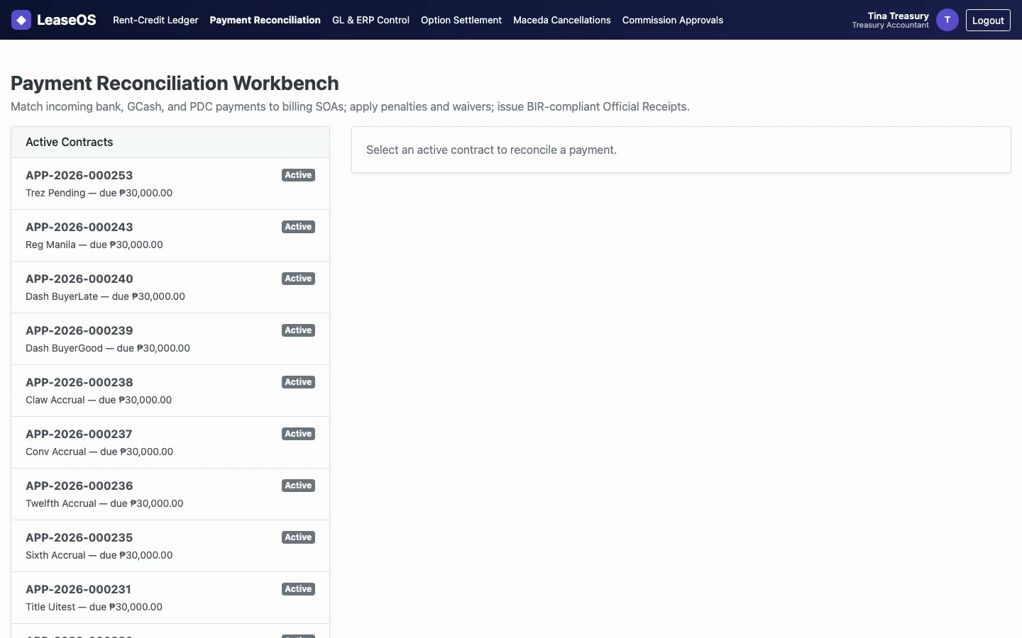 LeaseOS treasury payment reconciliation workbench