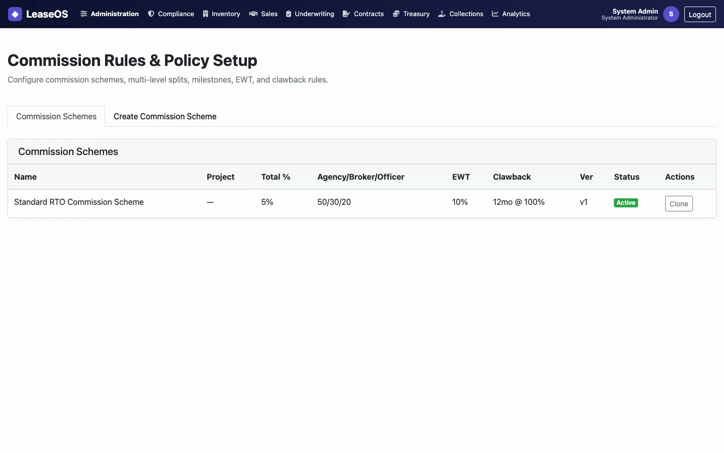 LeaseOS commission rules and payout configuration