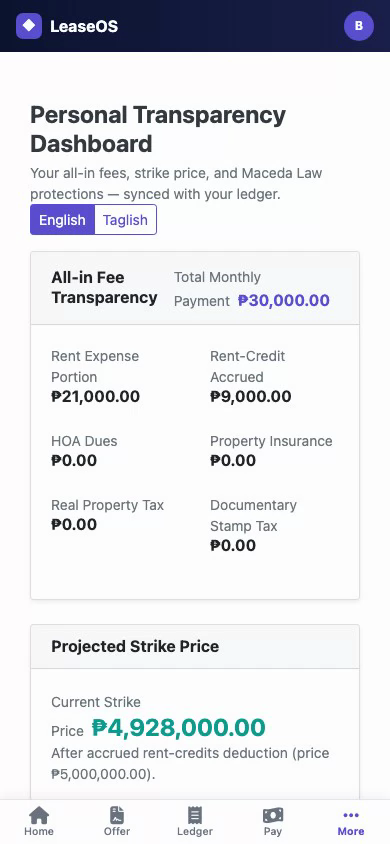 LeaseOS buyer mobile PWA — personal transparency and Maceda standing